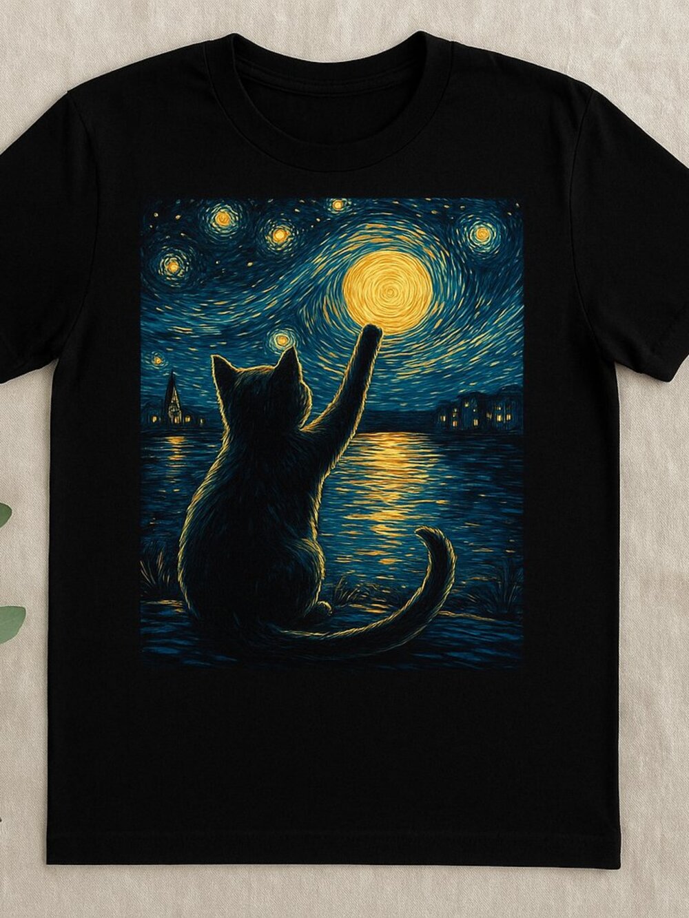 Black Cat Starry Night Swirling Sky Graphic Tee Artistic Black